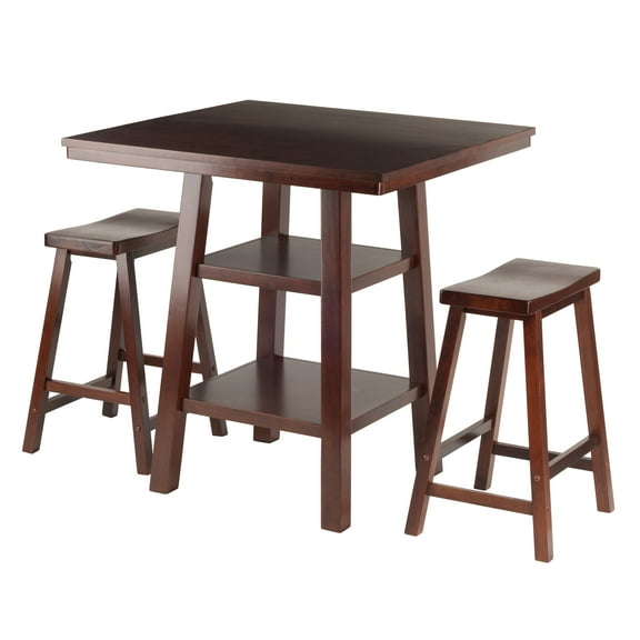 Winsome Wood Orlando 3-Pc Set High Table, 2 Shelves & 2 Saddle Seat Stools, Walnut Finish