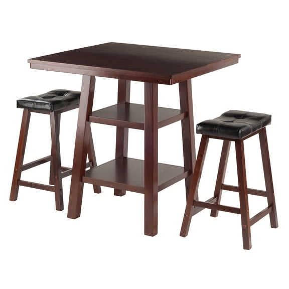 Winsome Wood Orlando 3-Pc Set, High Table with 2 Shelves & 2 Cushion Saddle Seat Counter Stools, Walnut Finish