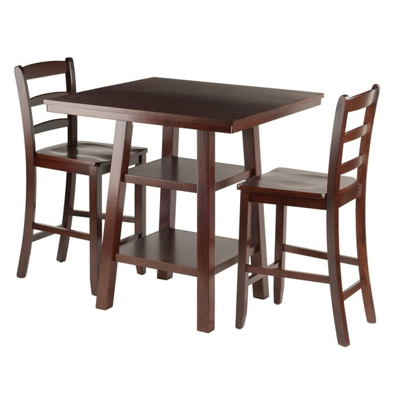 Winsome Wood Orlando 3-Pc Set, High Table with 2 Shelves & 2 Ladder Back Stools, Walnut Finish