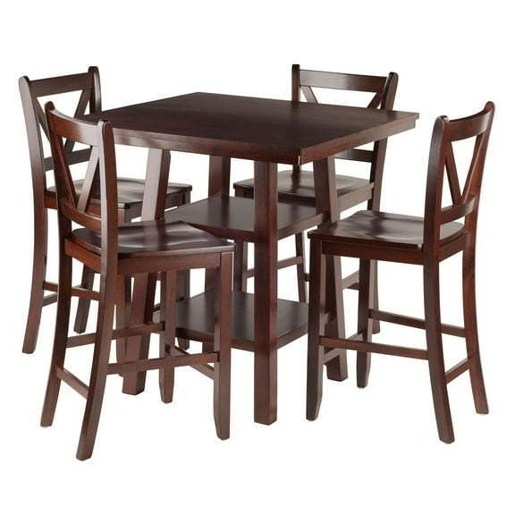 Winsome Wood Orlando 5-Pc Set High Table, 2 Shelves & 4 V-Back Counter Stools, Walnut Finish