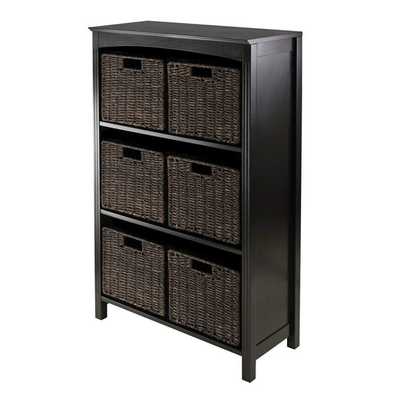 Winsome Wood Terrace 7-Pc Storage Set, 3-Section Bookcase & 6 Foldable Chocolate Corn Husk Baskets, Espresso Finish