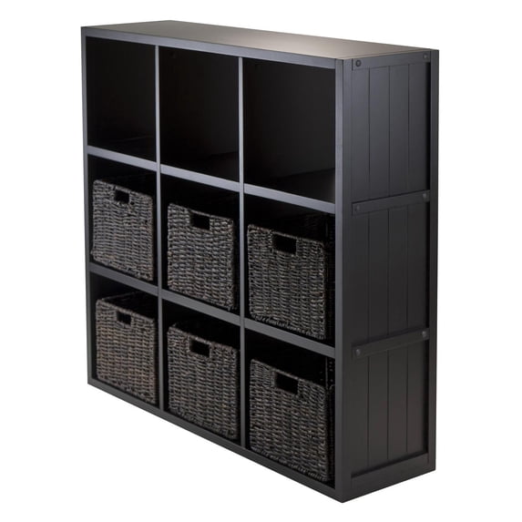Winsome Wood Timothy 7-Pc Set, 3x3 Grid Shelf & 6 Foldable Chocolate Corn Husk Baskets, Black Finish