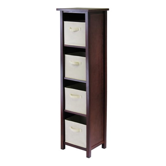 Winsome Verona 5-Pc 4-Tier Storage Shelf with 4 Foldable Fabric Baskets, Walnut & Beige