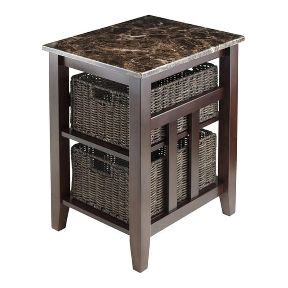 Winsome Zoey Faux Marble Top Solid Wood Side Table with 2 Baskets in Walnut