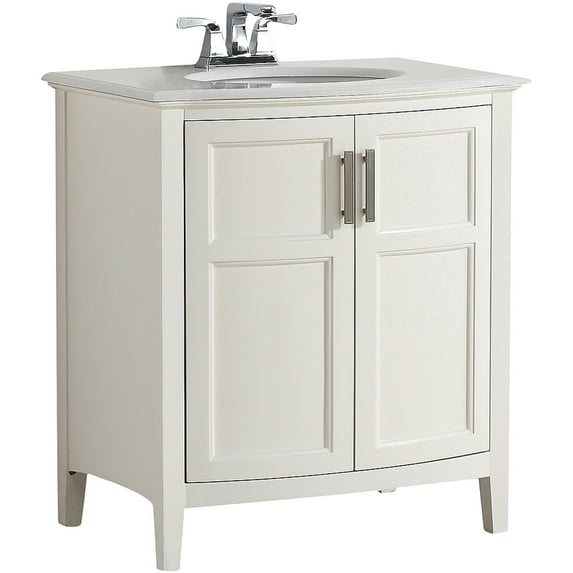 Winston 30 inch Rounded Front Bath Vanity in Soft White with Bombay White Engineered Quartz Marble Top