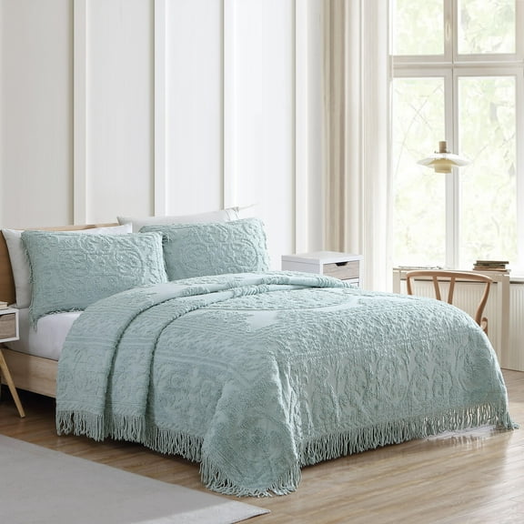 Winston Brands Luxurious Medallion Chenille Fringe Border Bedspread Blue - Queen