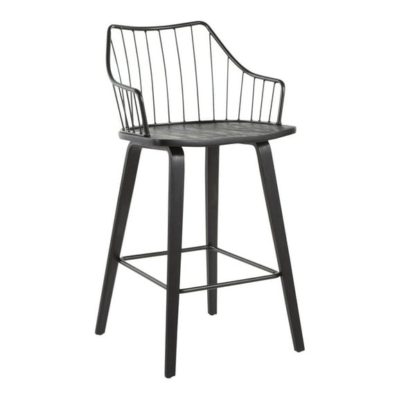 Winston Farmhouse Counter Stool In Black Wood And Black Metal