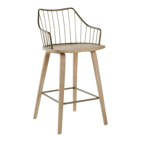 Winston Farmhouse Counter Stool In White Washed Wood And Antique Copper Metal