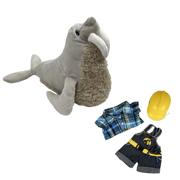 Winston the Walrus 16" Plush Toy with Construction Worker Outfit and HardHat Stuffed Animal Gift for Kids Play