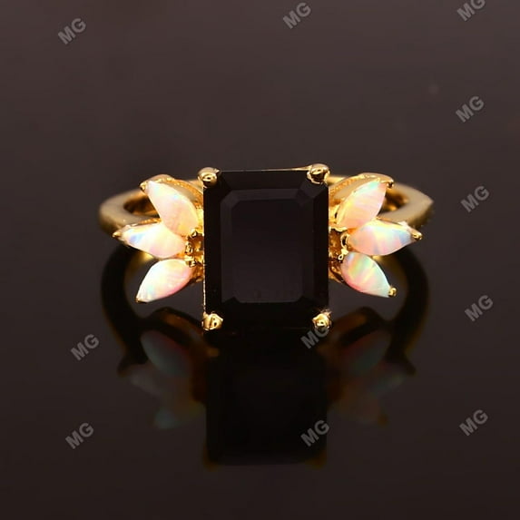 Winstonegemsjewels 4ct Black Onyx Emerald Cut Engagement Ring, 925 Silver Cluster Ring, Opal Bridal Promise Anniversary Gift for Women Gold Plated 11
