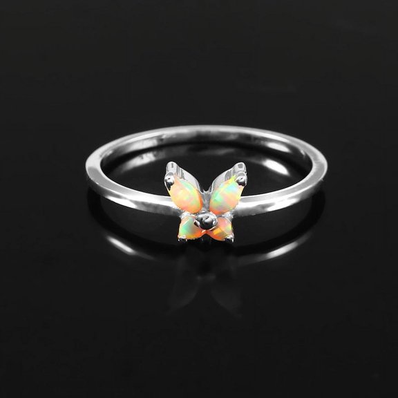 Winstonegemsjewels Marquise Cut Fire Opal Butterfly Style Ring in Sterling Silver – Elegant Opal Gemstone Ring for Women, Unique Promise or Girlfriend Gift White Gold 6