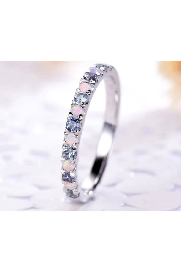 Round Cut Alexandrite Opal Half Eternity Engagement Ring – 925 Silver Vintage Stackable Birthstone Anniversary Gift for Her Silver 10