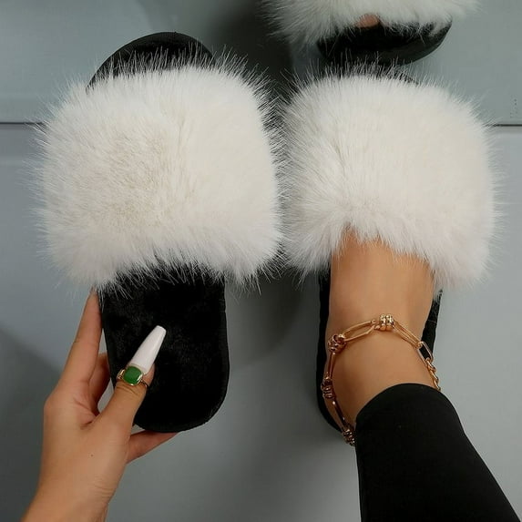 Winter 2024 Women's Fashion Fur Slippers Fluffy and Cute Plush Women's Luxury Outdoor Anti Slip Durable Flat Bottom Slippers (36-37,white)