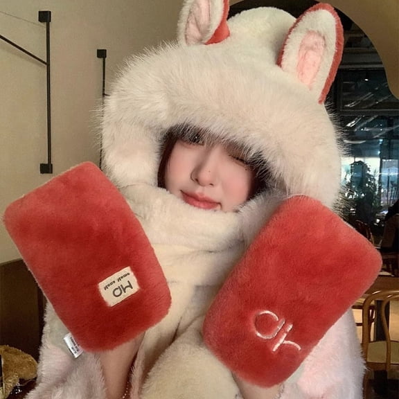 Winter 3 in 1 Hat Scarf Glove Set, Warm Women Siamese Hooded Scarf Gloves Pocket Hat, Long Scarf Shawl Wraps Coral fleece