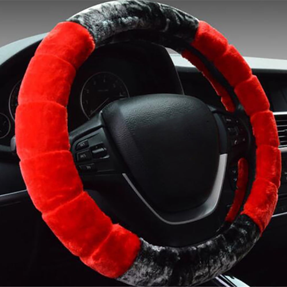 Winter 38Cm Black+Red Plush Furry Thick Auto Car Steering Wheel Cover