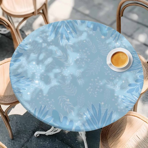 Winter Abstract Leaves on Blue Round Fitted Tablecloth with Elastic Edge,Waterproof Table Cloth Fits Tables Up to 36"-44",Wipeable Washable Table Cover for Indoor Outdoor,Watercolor Botantical