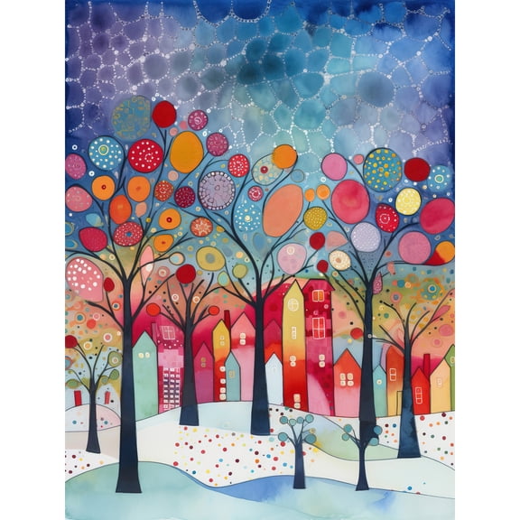 Winter Abstract Village Modern Folk Art Large Wall Art Poster Print Thick Paper 18X24 Inch