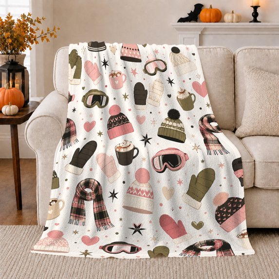 Winter Accessories Scene, Playful Artistic Scene, Warm Flannel Blanket for Home Library and Reading Nook, Celestial Art Lovers Christmas Gift, Artistic Home Decor