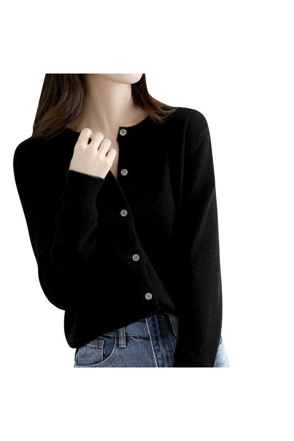 Winter Acrylic Long Sleeve Cardigan for Women Black Cover-Up Wide Neck Womens Basic Crew S