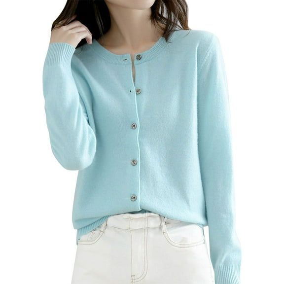 Winter Acrylic Long Sleeve Cardigan for Women Blue Cover-Up Wide Neck Womens Basic Crew M
