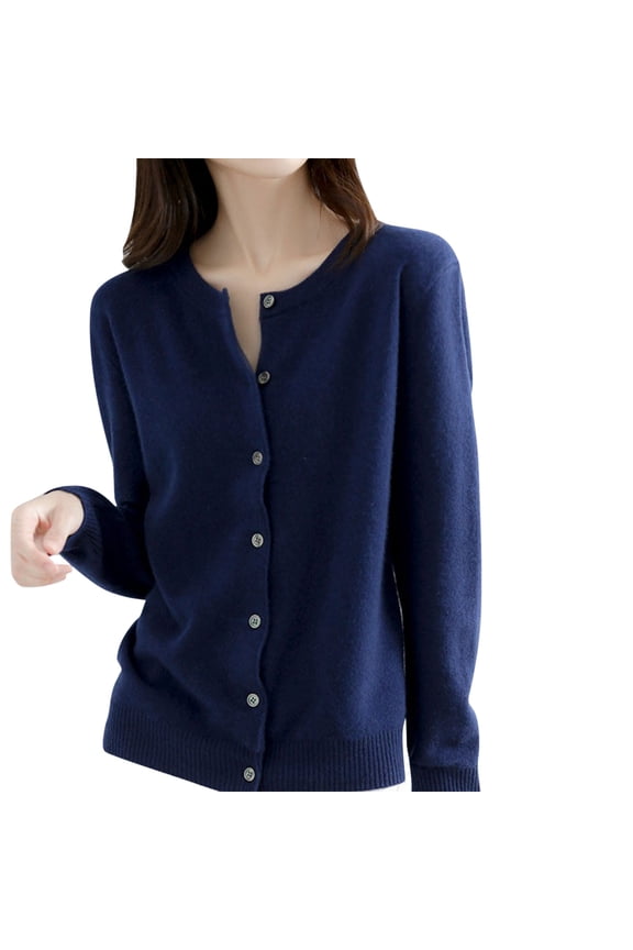 Winter Acrylic Long Sleeve Cardigan for Women Blue Cover-Up Wide Neck Womens Basic Crew M