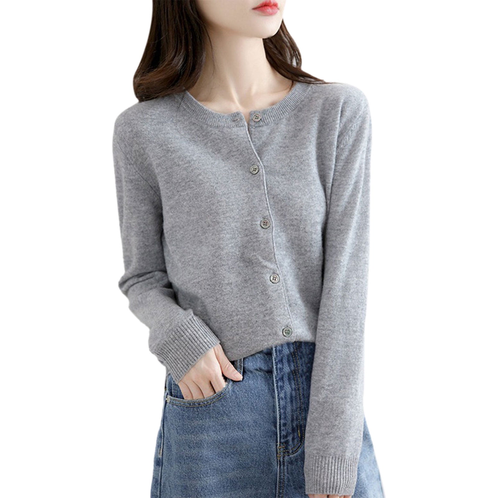 Winter Acrylic Long Sleeve Cardigan for Women Gray Cover Up Wide Neck Womens Basic Crew M Walmart