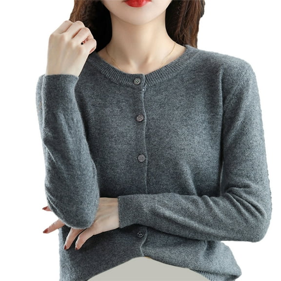 Winter Acrylic Long Sleeve Cardigan for Women Gray Cover-Up Wide Neck Womens Basic Crew S