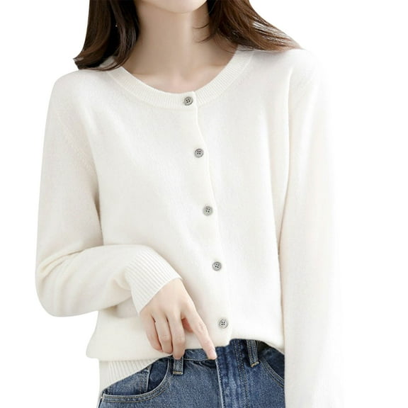 Winter Acrylic Long Sleeve Cardigan for Women White Cover-Up Wide Neck Womens Basic Crew M