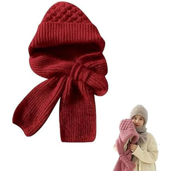 Winter All-in-One Knitted Hooded Scarf for Women － Warm Windproof Fleece Lined Ear Protection, Versatile Hat Scarf Combo for Cycling, Skiing, and Daily Cold Weather Use