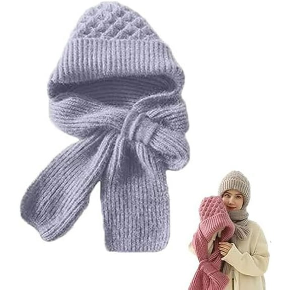 Winter All-in-One Knitted Hooded Scarf for Women - Warm Windproof Fleece Lined Ear Protection, Versatile Hat Scarf Combo for Cycling, Skiing, and Daily Cold Weather Use
