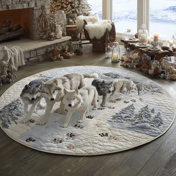 Winter Alpha Quilted Round Mat, Wolf Winter Round Floor Mat, Wildlife Nature Home Decor Rug, Quilted Area Carpet for Bedroom Living Room