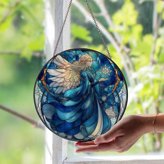 Winter Angel Glass Suncatcher, Holiday Guardian Window Art, Christmas Home Decor, 3.5 in