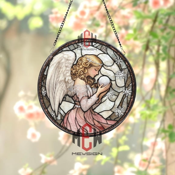 Winter Angel Stained Glass Suncatcher, Round Angel Holding Orb Glass Panel, Christmas Window Hanging, Snowflake Window Decor, Holiday Gift