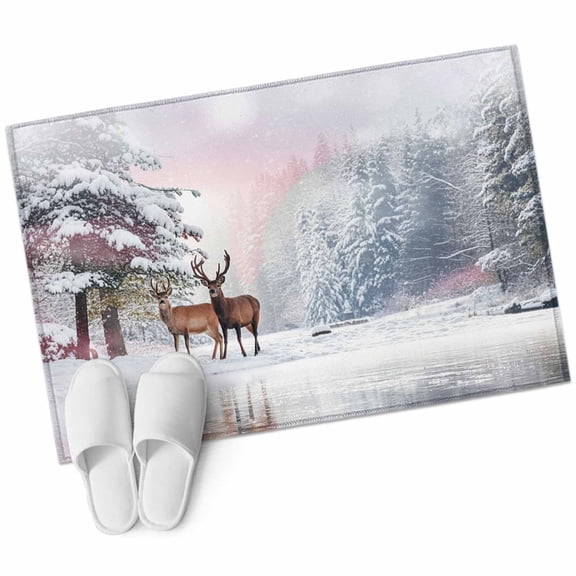 Winter Animal Brown Elk Area&nbsp;Rug 2x3ft Tree Snowflake Scenery Christmas Non-Slip&nbsp;Washable Square&nbsp;Rugs Soft Felt Indoor Floor Mat for Bedroom Kitchen Living Room Bathroom