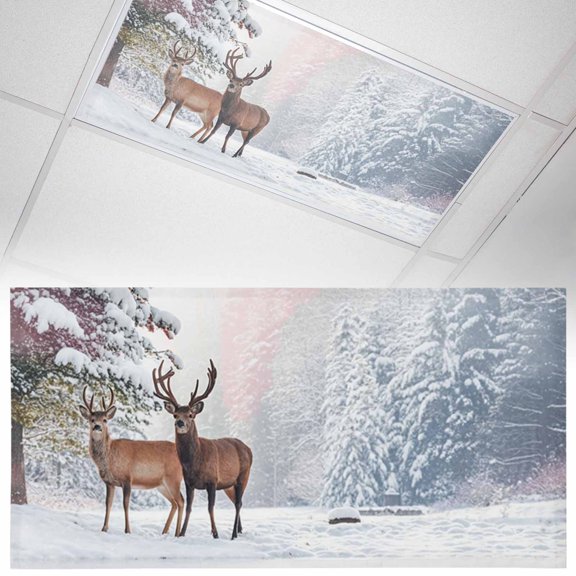 Winter Animal Brown Elk Fluorescent Light Covers Tree Snowflake Scenery Christmas Magnetic Light Filters Ceiling Lighting Panel Shade for Classroom Office Home 2 x 4 ft, 1 Pack
