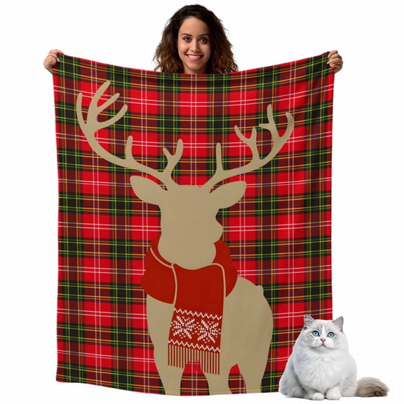 Winter Animal Elk Fleece Throw Blanket Lightweight Scarf Vintage Red Black Plaid Christmas Fuzzy Flannel Throws Super Soft Cozy Flannel Blanket for Couch, Sofa, Bed, Travel 50"x60"