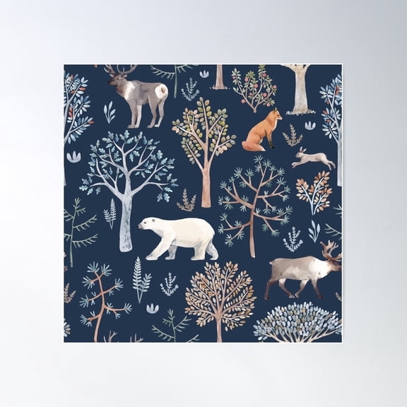 Winter Animals Woodland Pattern, Polar Bear, Fox, Reindeer, Rabbit Poster Wall Art, Modern Wall Decor For Living Room Bedroom, 30x30 UNFRAMED