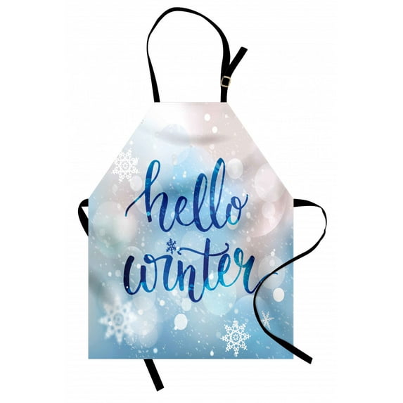 Winter Apron Hello Winter Stylized Lettering on Abstract Blurry Snowflakes Bokeh Effect, Unisex Kitchen Bib Apron with Adjustable Neck for Cooking Baking Gardening, Blue Pale Pink White, by Ambesonne
