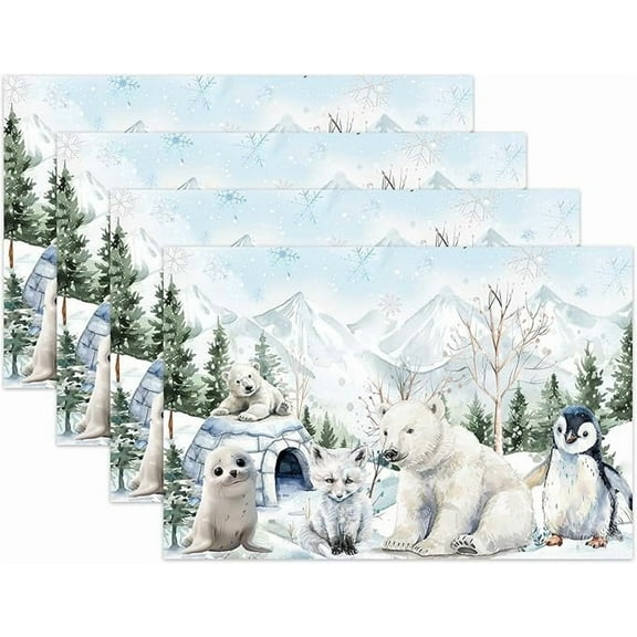 Winter Arctic Animal Decorations Table Placemats Set of 4, 12x18 Inches Winter Washable Placemats Non Slip Heat-Resistant Arctic Animal Christmas Placemats for Table Party Dining Decoration