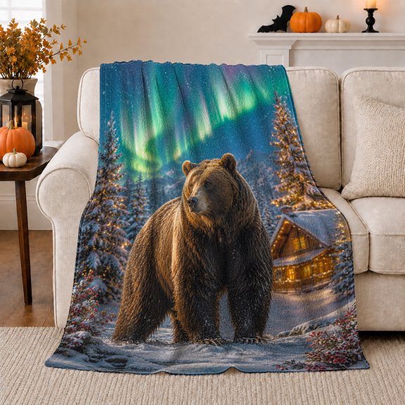 Winter Aurora Bear Log Cabin, Peaceful Mountain Lake Scene, Warm Flannel Blanket for Cabin and Lodge with Detailed Artwork, Outdoor Lovers Friendship Gift, Artistic Home Decor