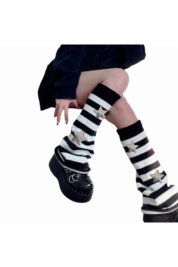 Winter Autumn Knitted Leg Warmers Cute Sequins Star Appliques Striped Foot Leg Covers Baggy Knee High Socks for Women