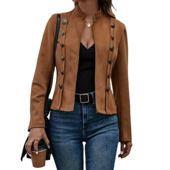 Winter Autumn Women Jacket Half-high Collar Retro Long Sleeves Solid Color Cardigan Double-breasted Decor Slim Fit Lady Travel Shopping Coat