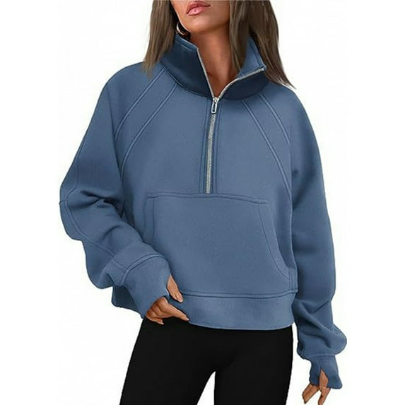 Winter Autumn Women Sweatshirt Half Zipper Stand-up Collar Plush Long Sleeves Patch Pocket Elastic Cuff Hem Solid Color Pullover Workout Daily Top