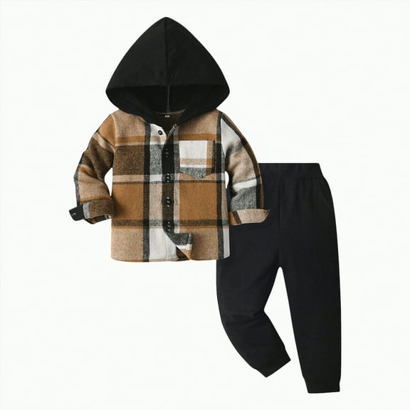 Winter Baby Boy Clothes Kids Boys Fall/Winter Plaid Long Sleeve Elastic Waist 6M 12M 18M 2T 3T Everyday Outfit Set 2-Pieces