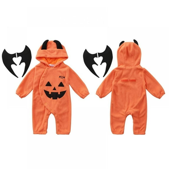 Winter Baby Halloween Pumpkin Hooded Bodysuit Little Devil Shape Polar Fleece Bodysuit