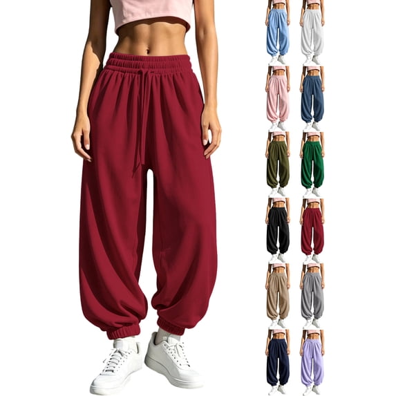 Winter Baggy Joggers Sweatpants for Women Elastic Drawstring Waist Ribbed Cuffed Ankle Tapered Casual Athletic Workout Lounge Fall Winter Everyday Pants with Pockets