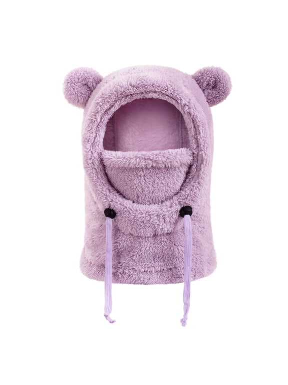 Winter Balaclava Hat for Kids Fleece Lined Windproof Cold Weather Face Mask with Bear Ears One-Piece Hat Scarf for Boys Girls Plush Cap, Purple, Size S