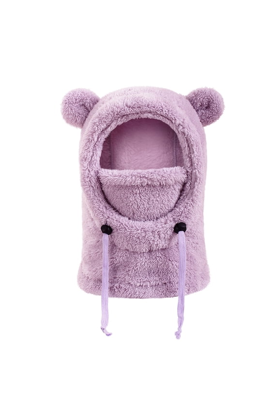 Winter Balaclava Hat for Kids Fleece Lined Windproof Cold Weather Face Mask with Bear Ears One-Piece Hat Scarf for Boys Girls Plush Cap, Purple, Size S