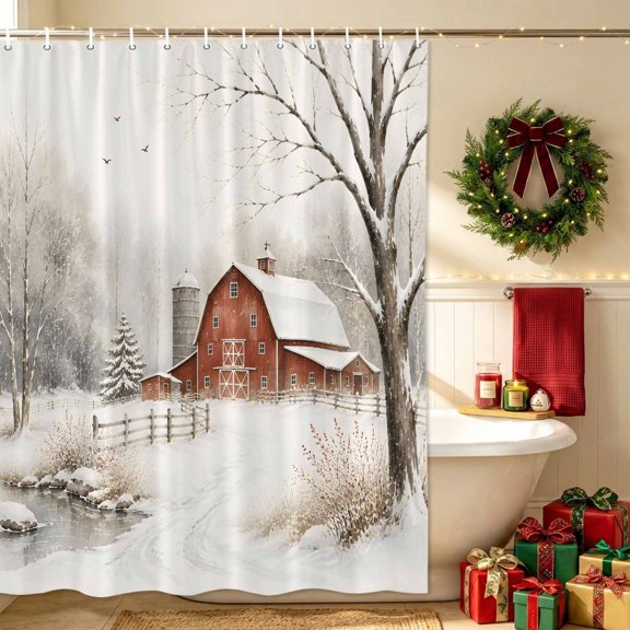 Winter Barn Bathroom Shower Curtain, Country Barn Gray Pine Tree Snow Snow Land Farmhouse Waterproof Washable Soft Bath Curtain for Bathtub Decor with 12 Hooks&Grommet, 36x72in