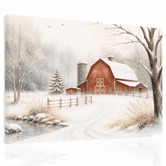 Winter Barn Canvas Print Wall Art Country Barn Gray Pine Tree Snow Snow Land Farmhouse Wall Decor Modern Artwork Paintings Pictures for Living Room Stretched and Framed Ready to Hang - 12" x 16"